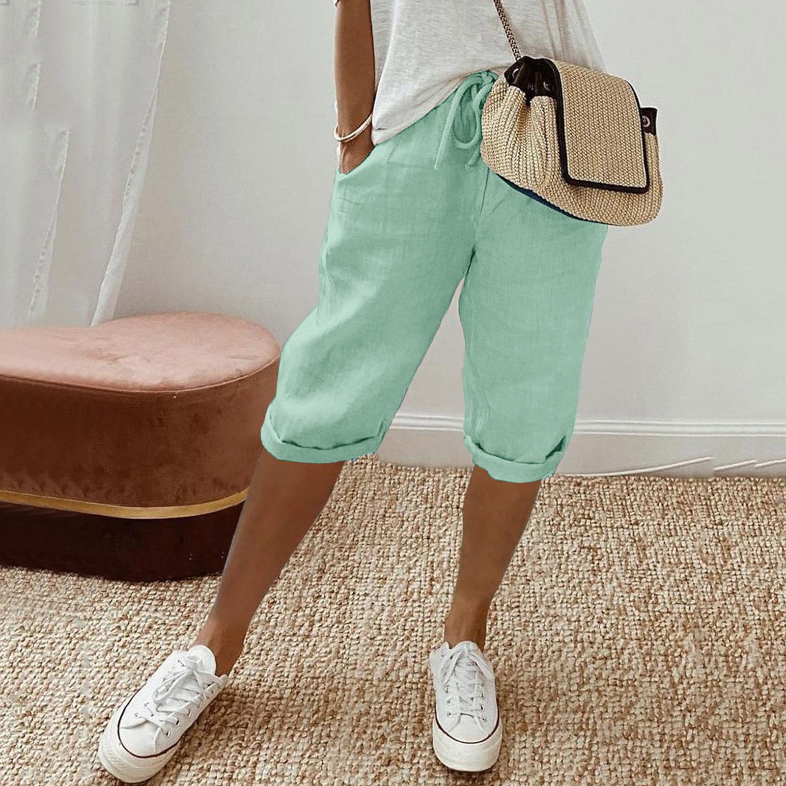 thumbnail image 2 of Pantalones capri informales de cintura alta para mujer - Bolsillos grandes - Cintura elástica - Terciopelo dorado ligero - Tallas S-XXL - Lavables a mano, 2 of 6